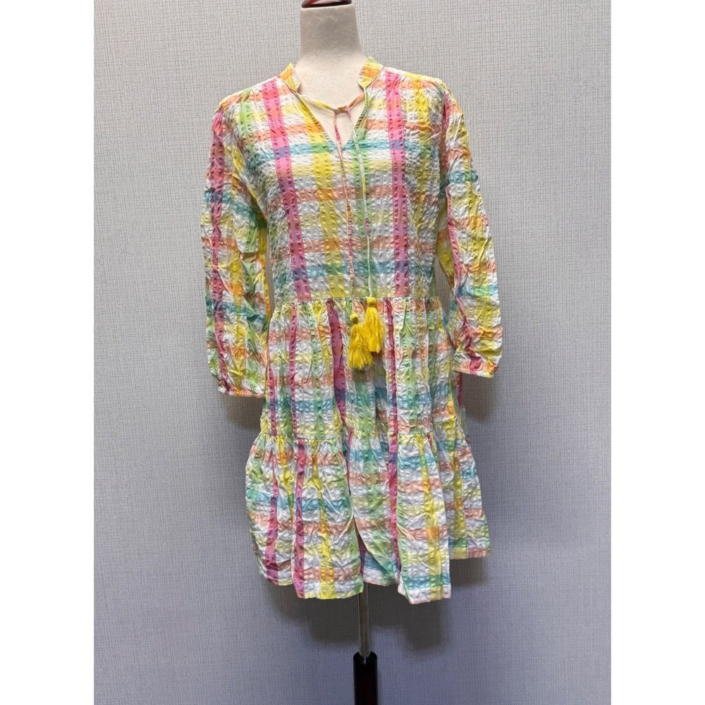 Dean Alan Plaid Seersucker Tiered Dress Womens M Rainbow Tassel Boho Cottagecore